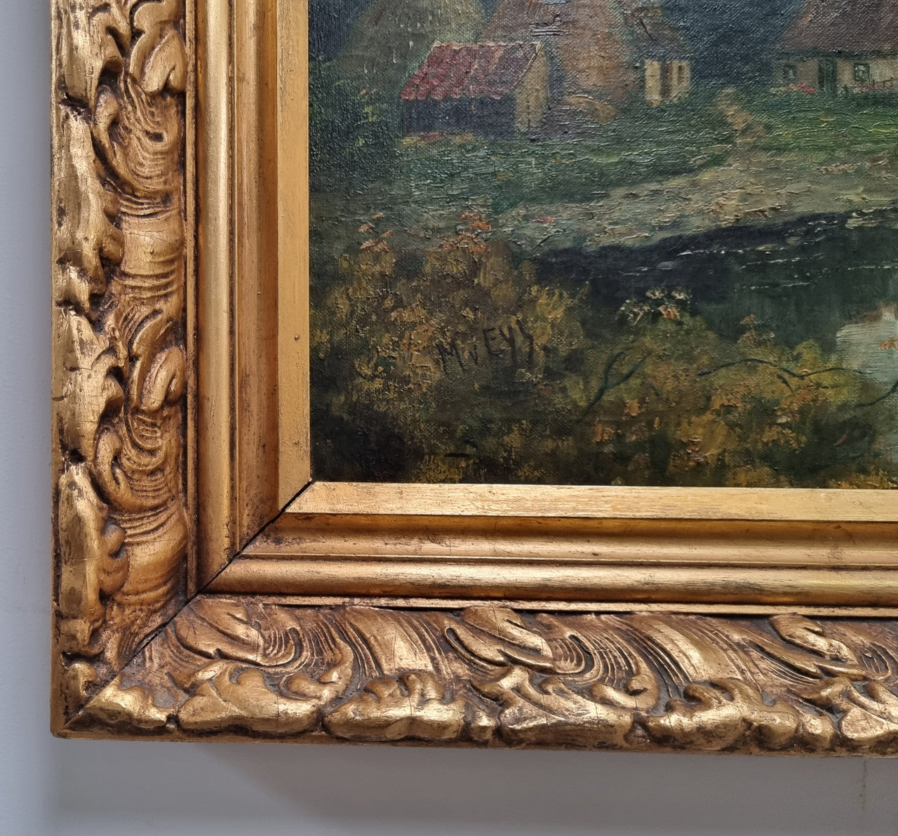 Lovely framed original oil on canvas of a country cottage scene on a river in good original condition