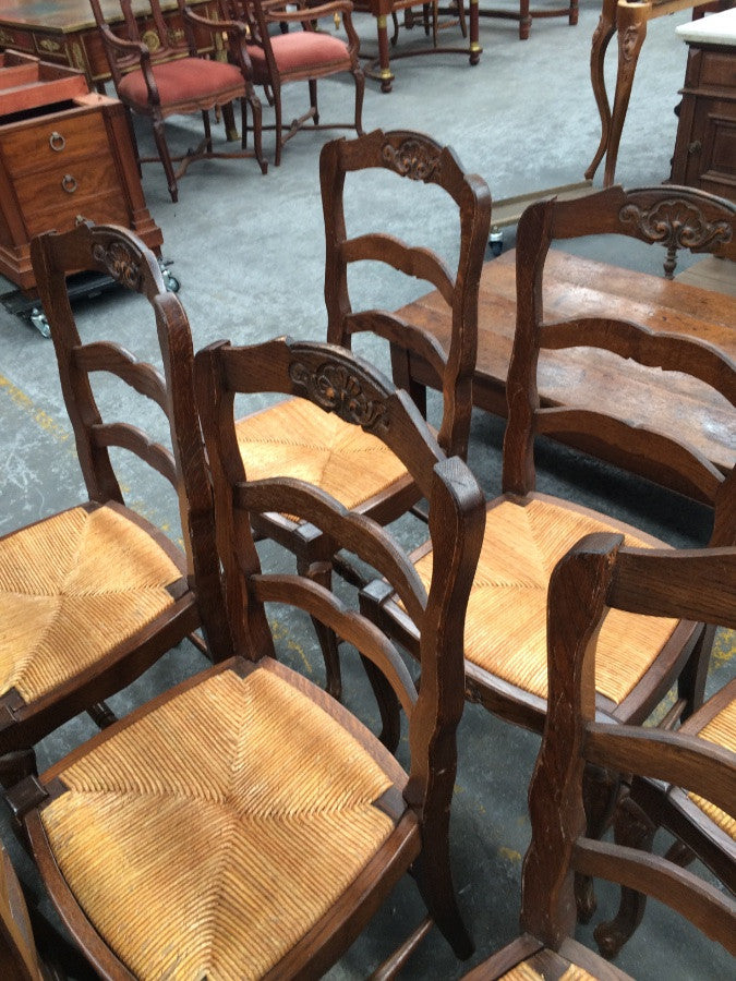 Set 12 Carved French Oak Rush Seat Dining Chairs