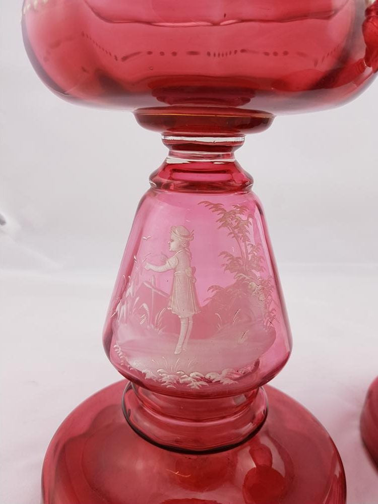 Rare Pair Of Ruby Mary Gregory Glass Kerosene Lamps