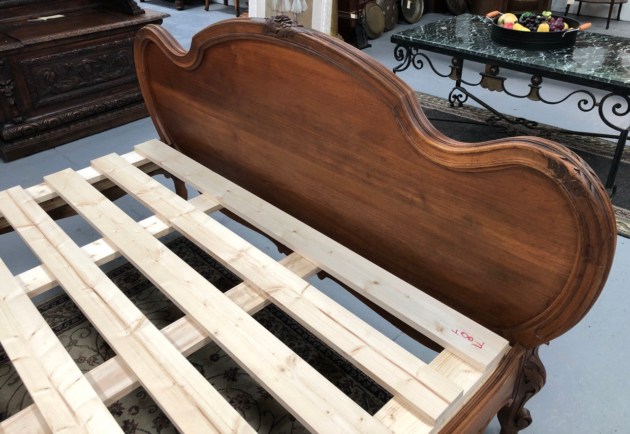 French Walnut Louis XV style queen size bed. Comes with custom made slats, all you need to is place you mattress on top.