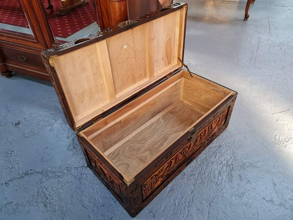 Charming Vintage Medium Size Camphor Wood Chest with Brass Closure. In original detailed condition.