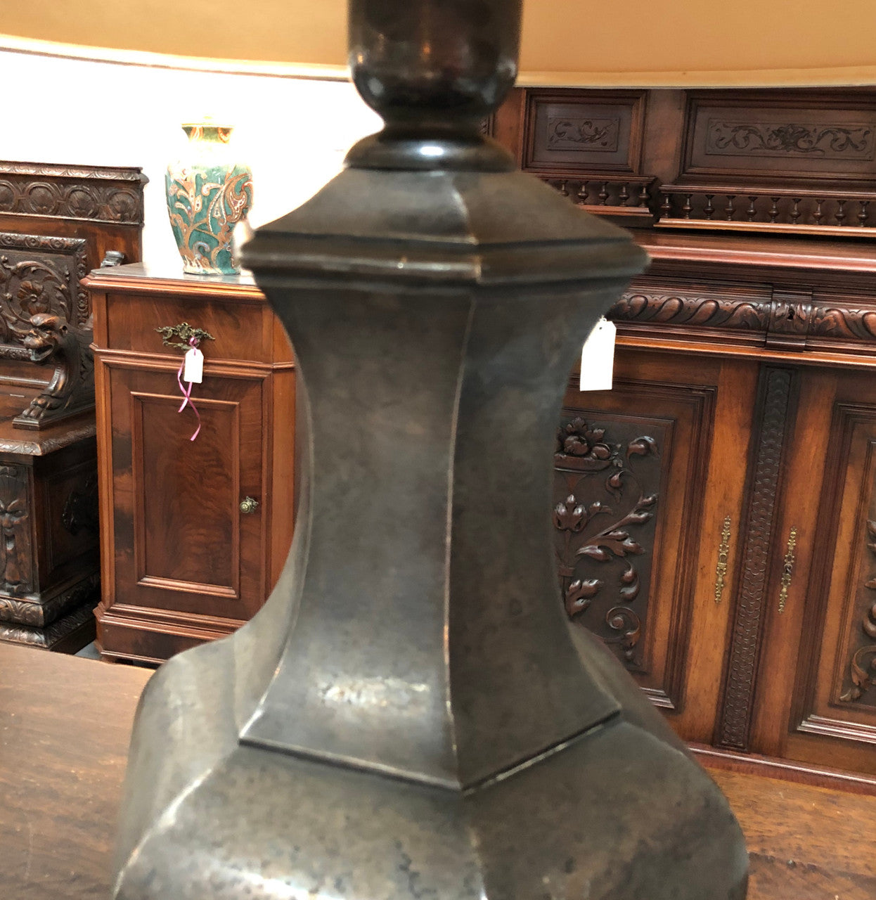Beautiful pair of 19th Century pewter covered Bronze table lamps with light grey shades .They have been rewired and in good working order.