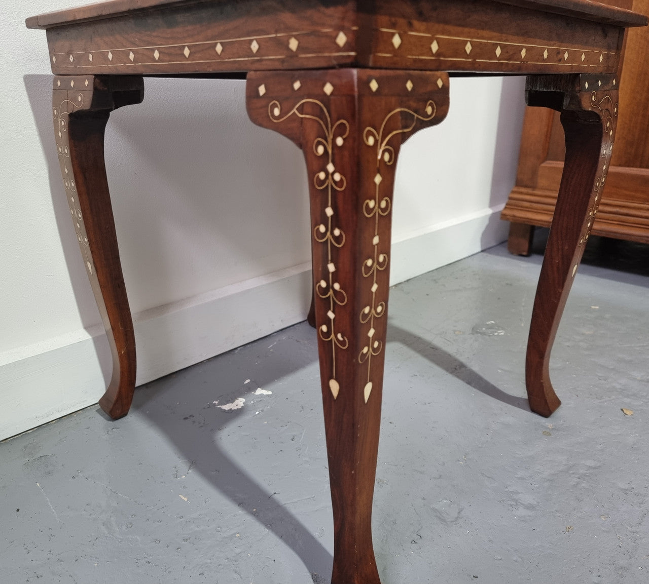 Stunning Indian Teak bone inlay square occasional table. In good original detailed condition.