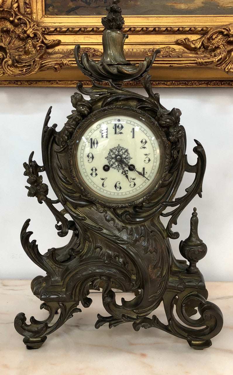 French Three Piece Gothic Style Bronze Clock Set