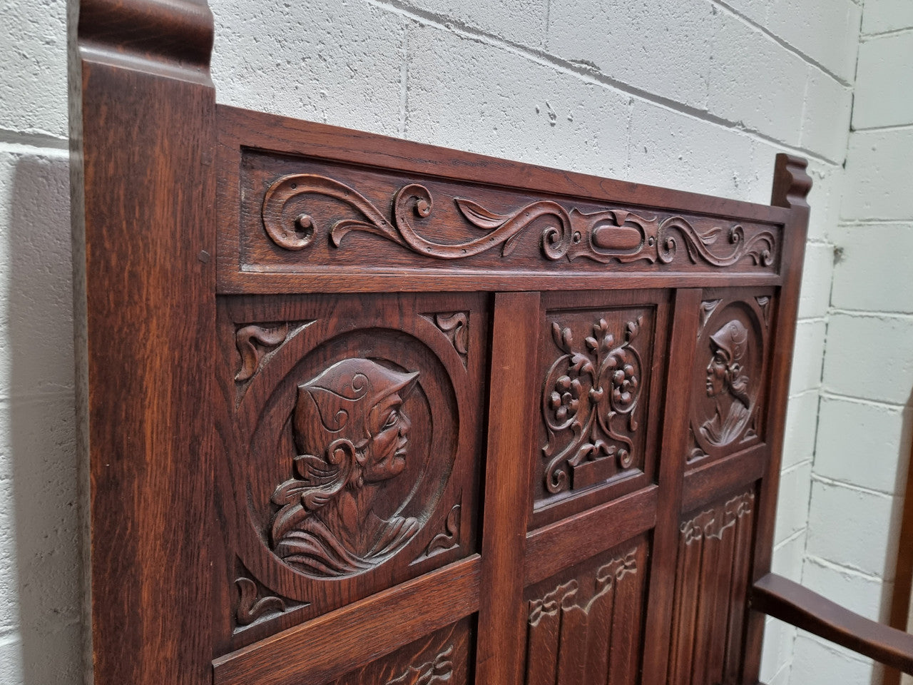 Decorative and nicely carved French Oak 19th Century hall seat with lift up lid for storage. Beautiful details and in good original detailed condition.