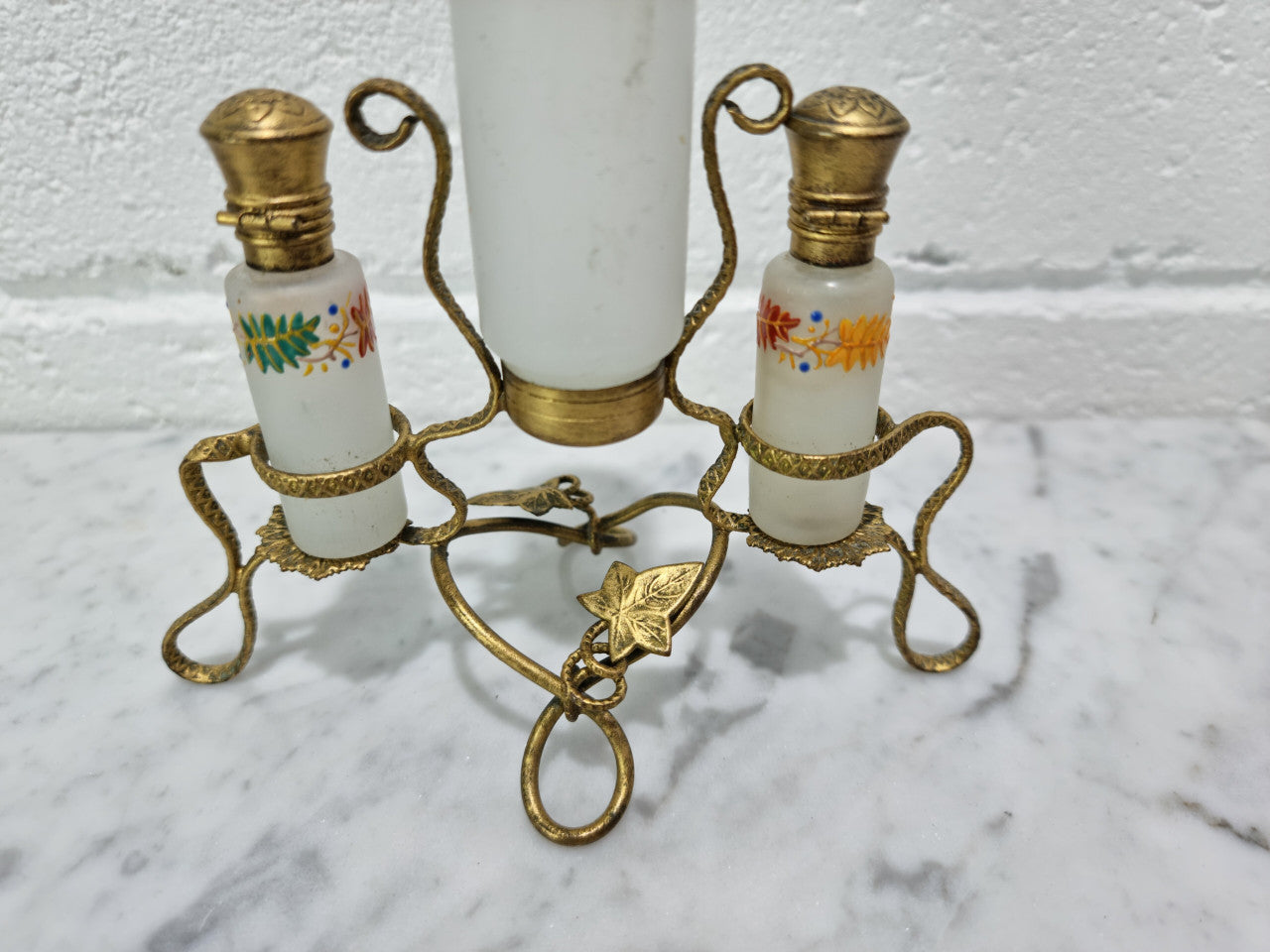 French 19th century perfume set in a gilt metal stand. Opaline glass beautifully hand painted and is in good original condition, please view photos as they help form part of the description.