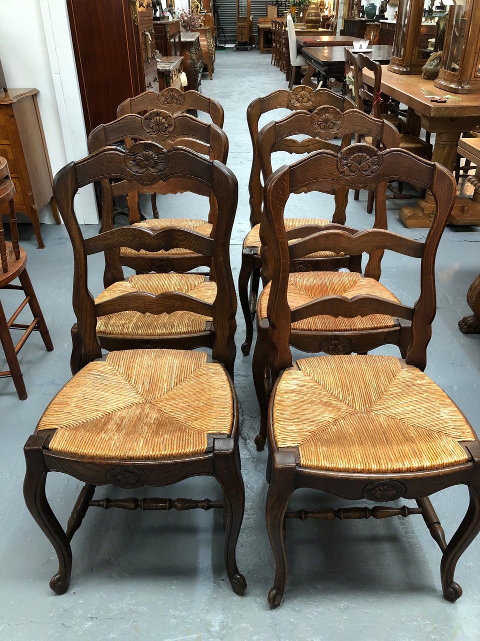 Lovely Set Of Six French Oak Rush Seat Dining Chairs