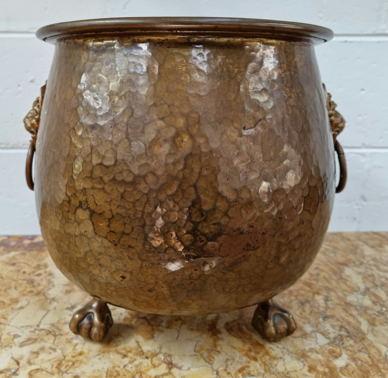Stunning French brass Antique Jardinière with lion heads and on claw feet, in good original condition.