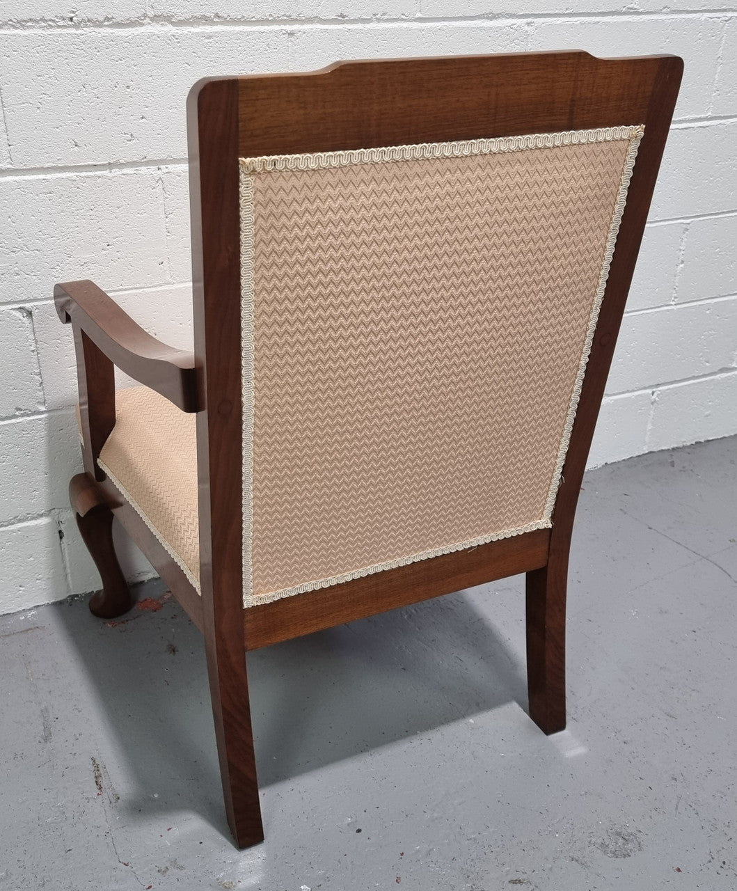 Australian Fiddleback Blackwood upholstered armchair with queen anne legs. In good original condition.