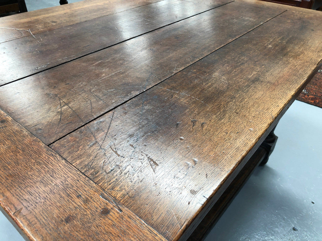 18th century French Oak Farmhouse table of small proportions. Practical square shape and size ideal for a unit or apartment. In good original detailed condition.