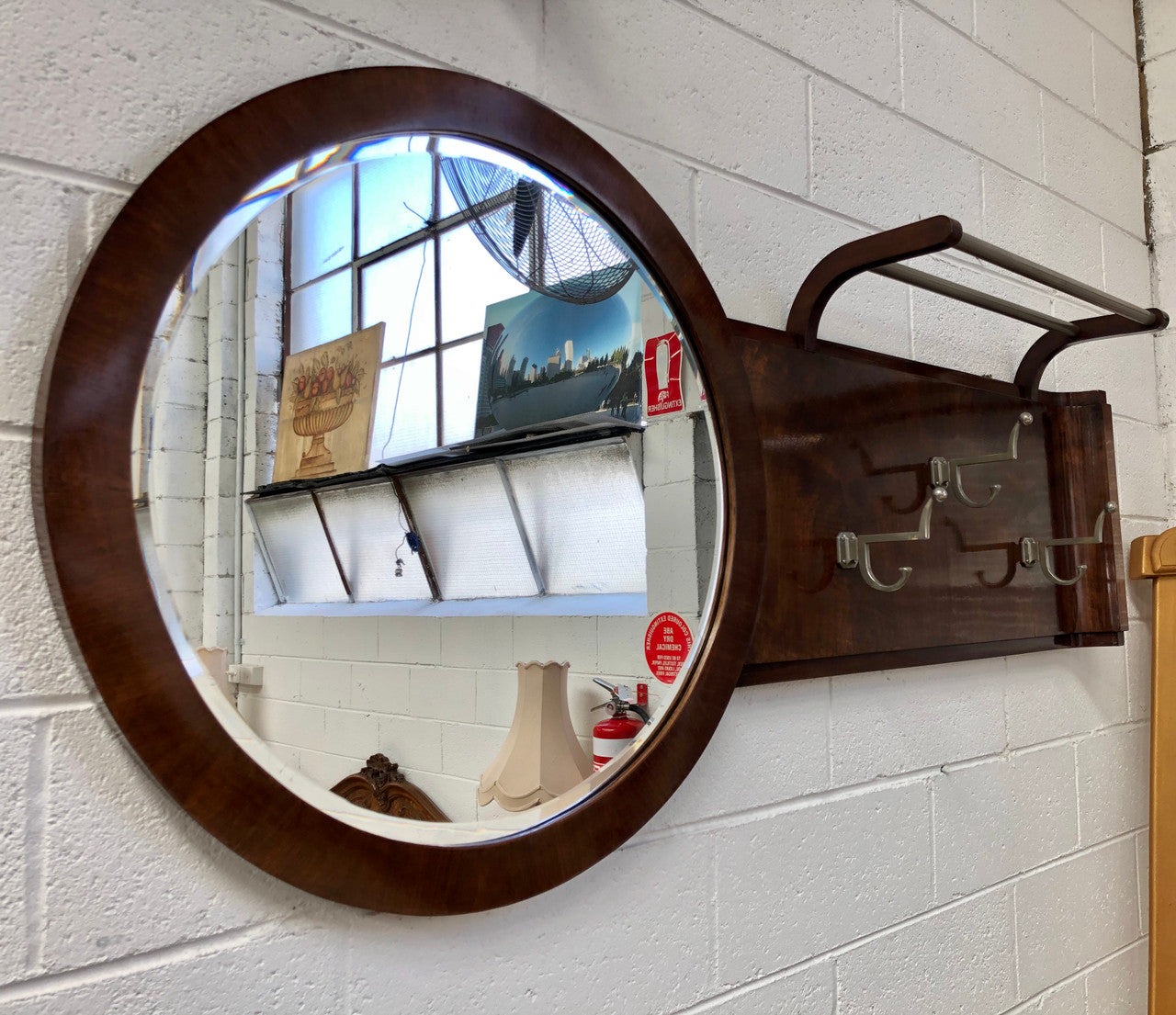 French Art Deco Walnut Coat & Hat Rack With Mirror