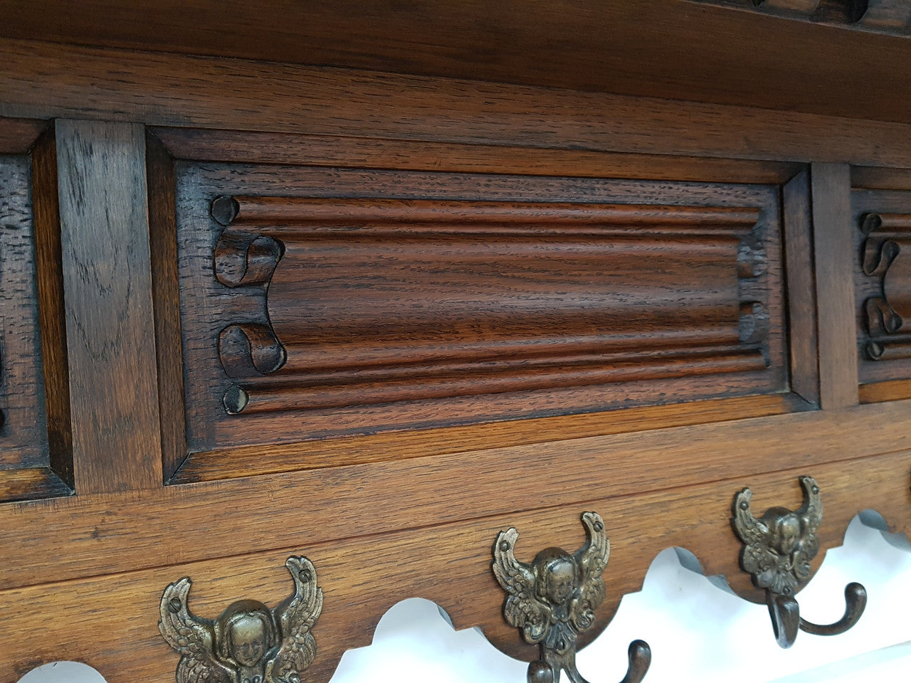 Vintage Highly Decorative French Carved Oak Coat Rack