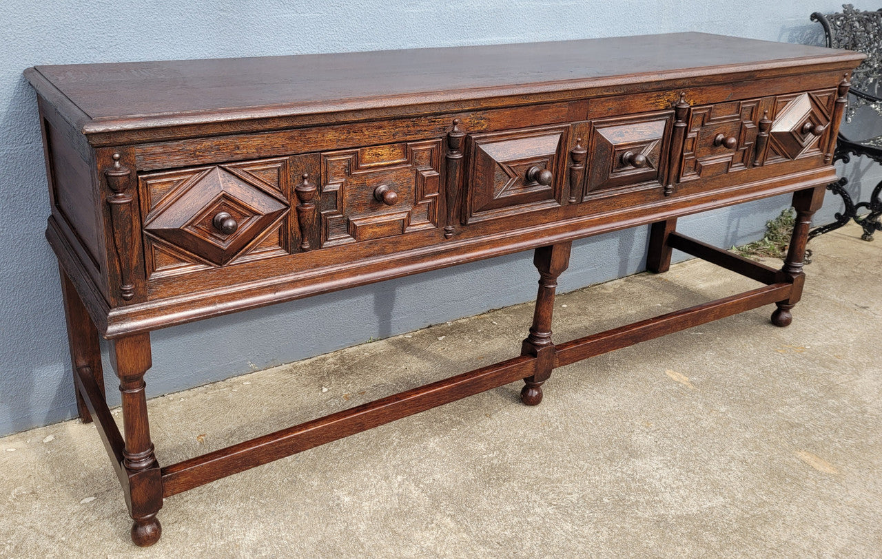 19th Century French Oak Henry the 2nd style console/side table/ TV unit with two drawer with beautiful carvings. It is in good original detailed condition.