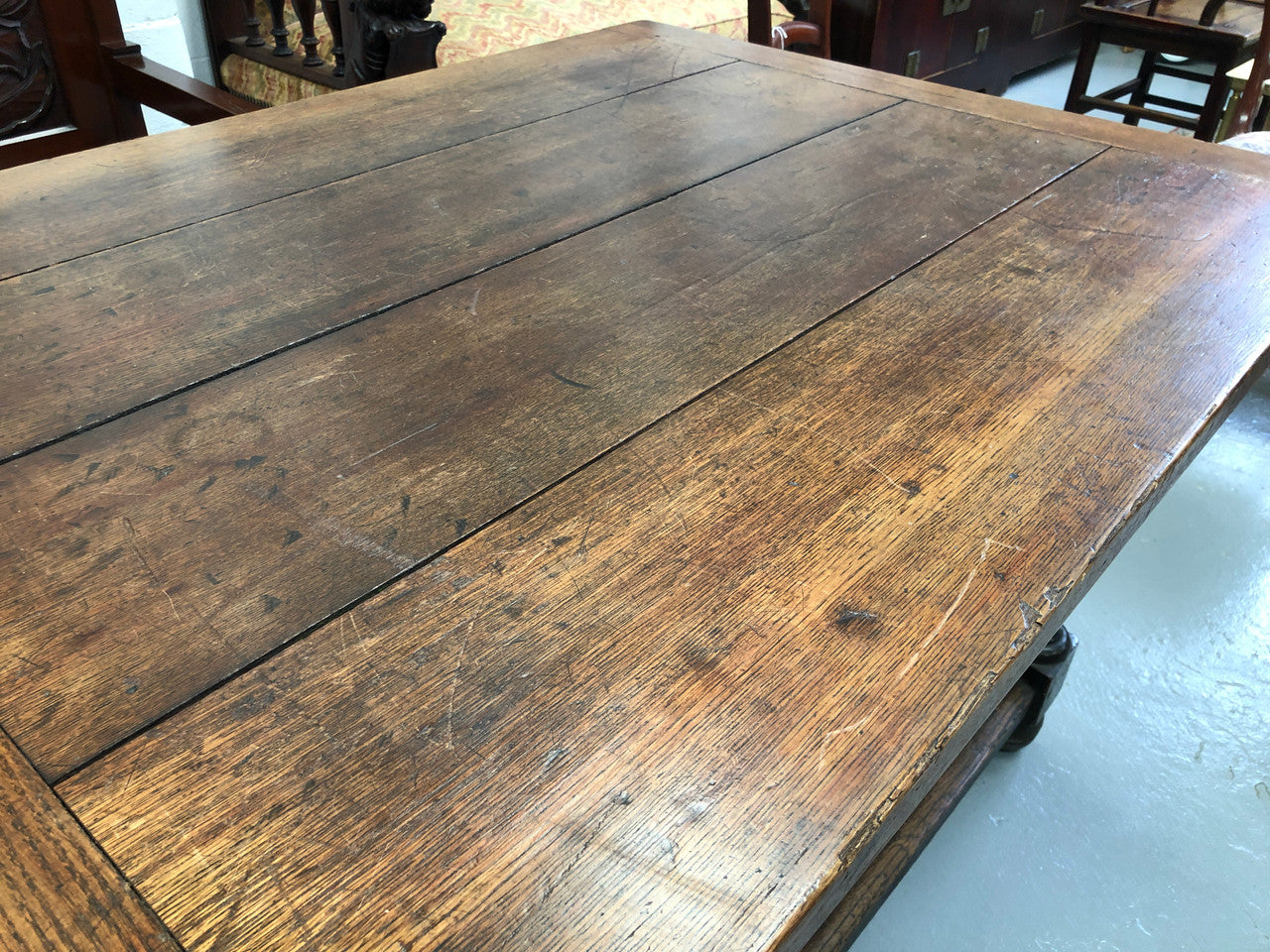 18th century French Oak Farmhouse table of small proportions. Practical square shape and size ideal for a unit or apartment. In good original detailed condition.