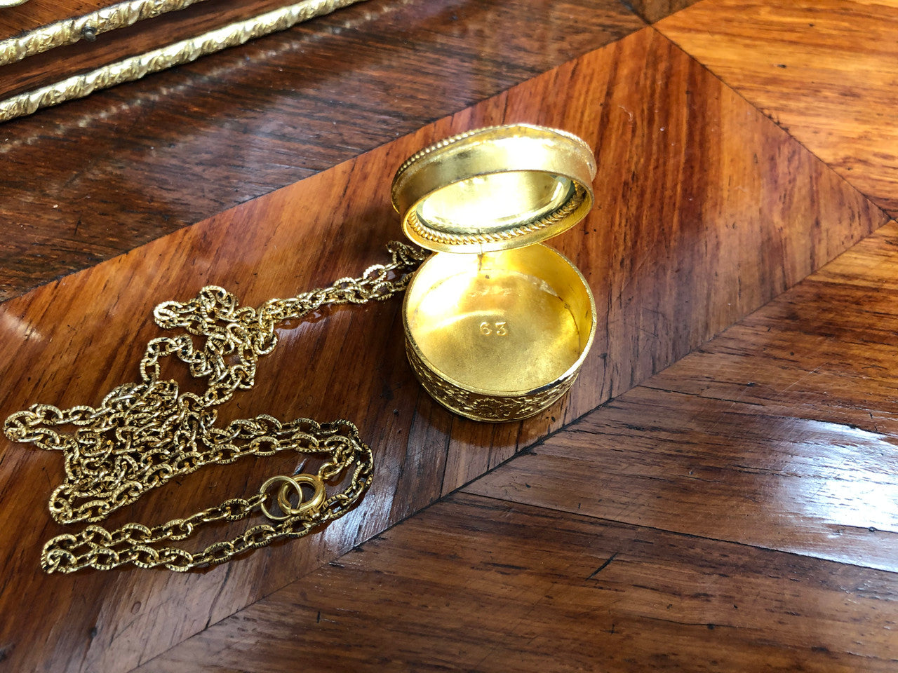 Vintage Gilt French Enamel Pill Box On Chain