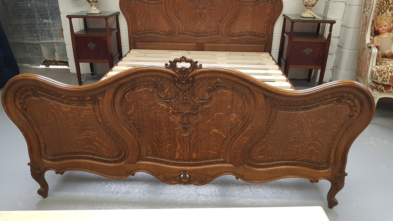 French Oak Louis XV Style Queen Size Bed & Rails