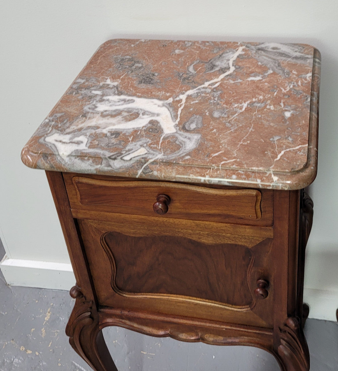 French Louis XV Style Walnut Marble Top Bedside Cabinets. In good original detailed condition.
