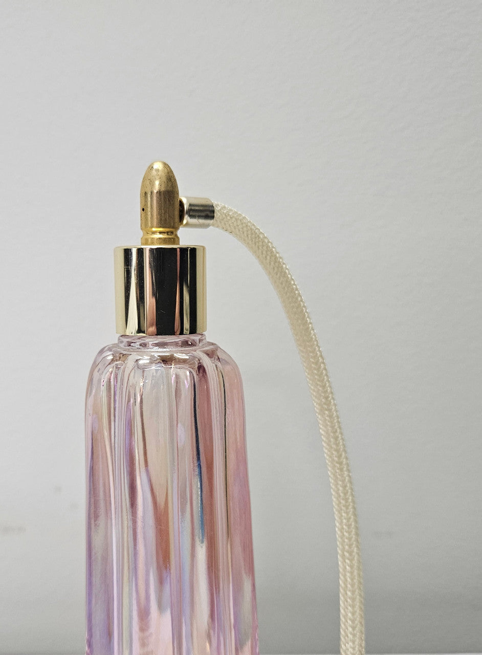 Vintage Fenton, Pink/Purple iridescent perfume bottle, cased glass, beaded base with working atomiser. Clearly marked FENTON on the base with original paper label.