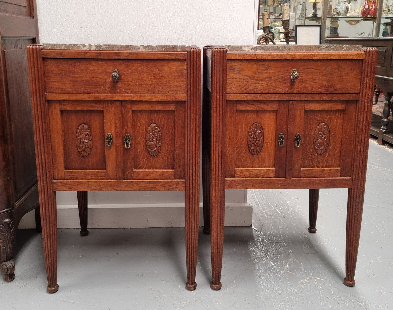 Pair French Louis 16th Style Oak Marble Top Bedsides