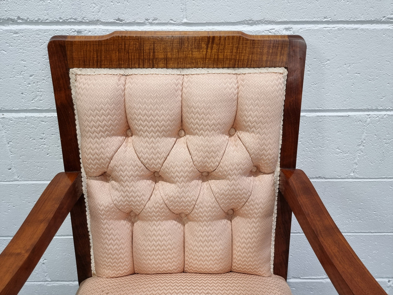 Australian Fiddleback Blackwood upholstered armchair with queen anne legs. In good original condition.