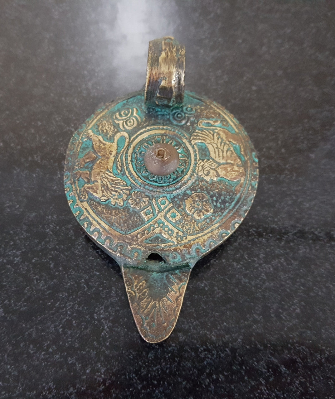 Antique Roman Style Bronze Oil Lamp Traces Of Original Gilding