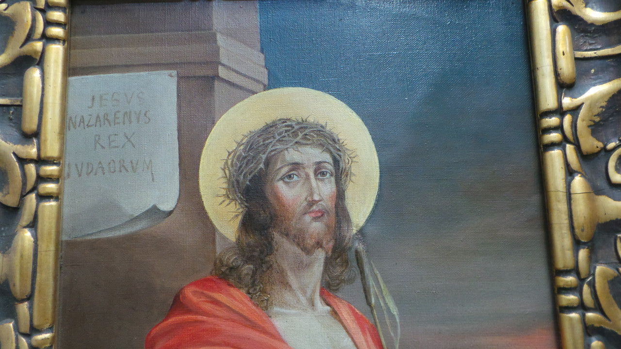 Superbly Painted Oil On Canvas Of Jesus In An Ornate Antique Gilt Decorated Frame.