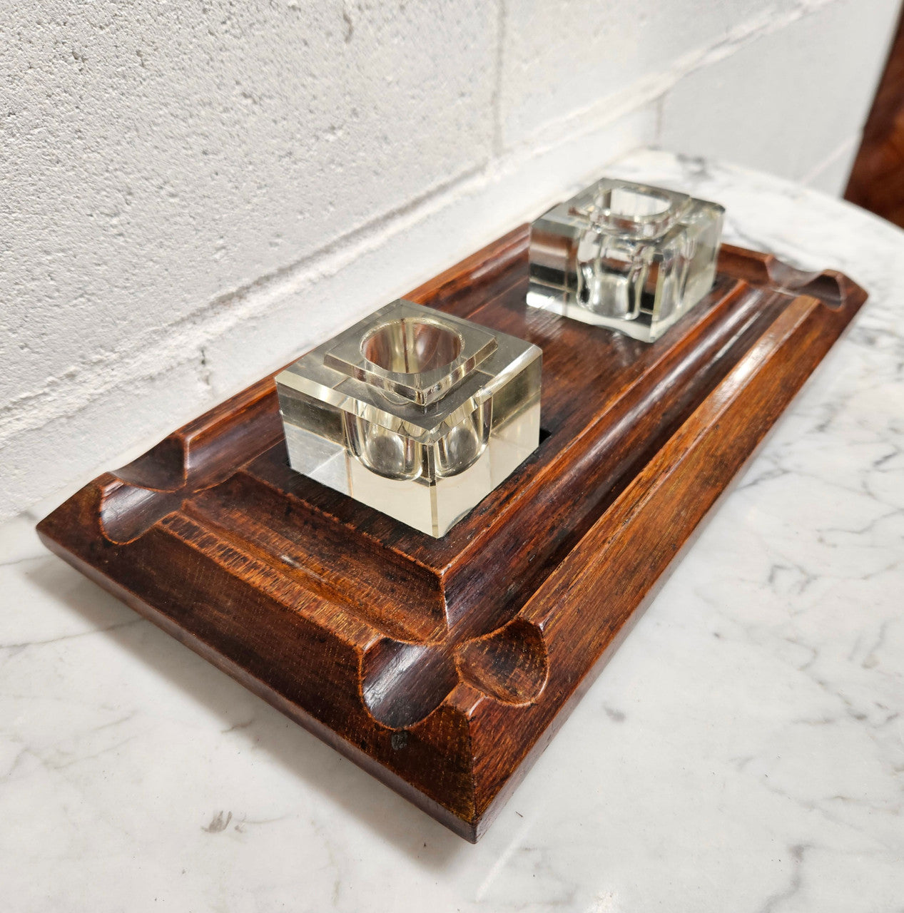 Edwardian Desk & Double Ink & Pen Holder on Wooden Stand. Original Condition. It has been sourced from France and is in good original detailed condition.
