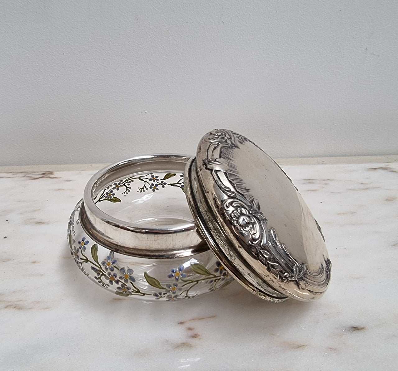 Edwardian Enameled Pattern Glass Dressing Table Bowl with Silver Plate Top