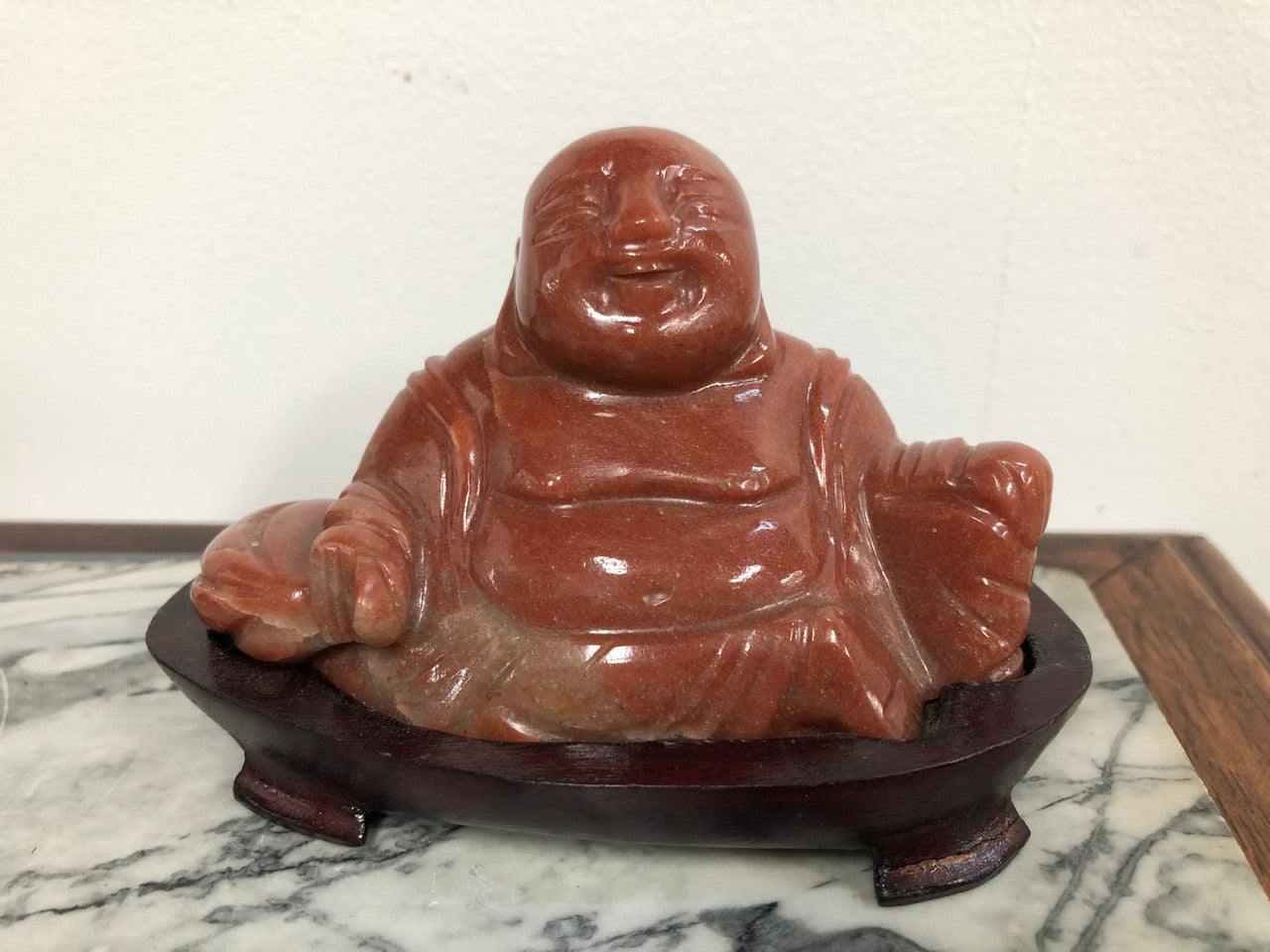 Vintage Carved Agate Buddha on bespoke wooden stand