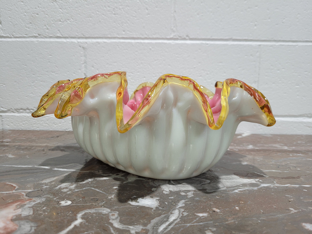 Edwardian American large white/pink cased glass and yellow ruffled edged bowl. In good original condition with no chips.