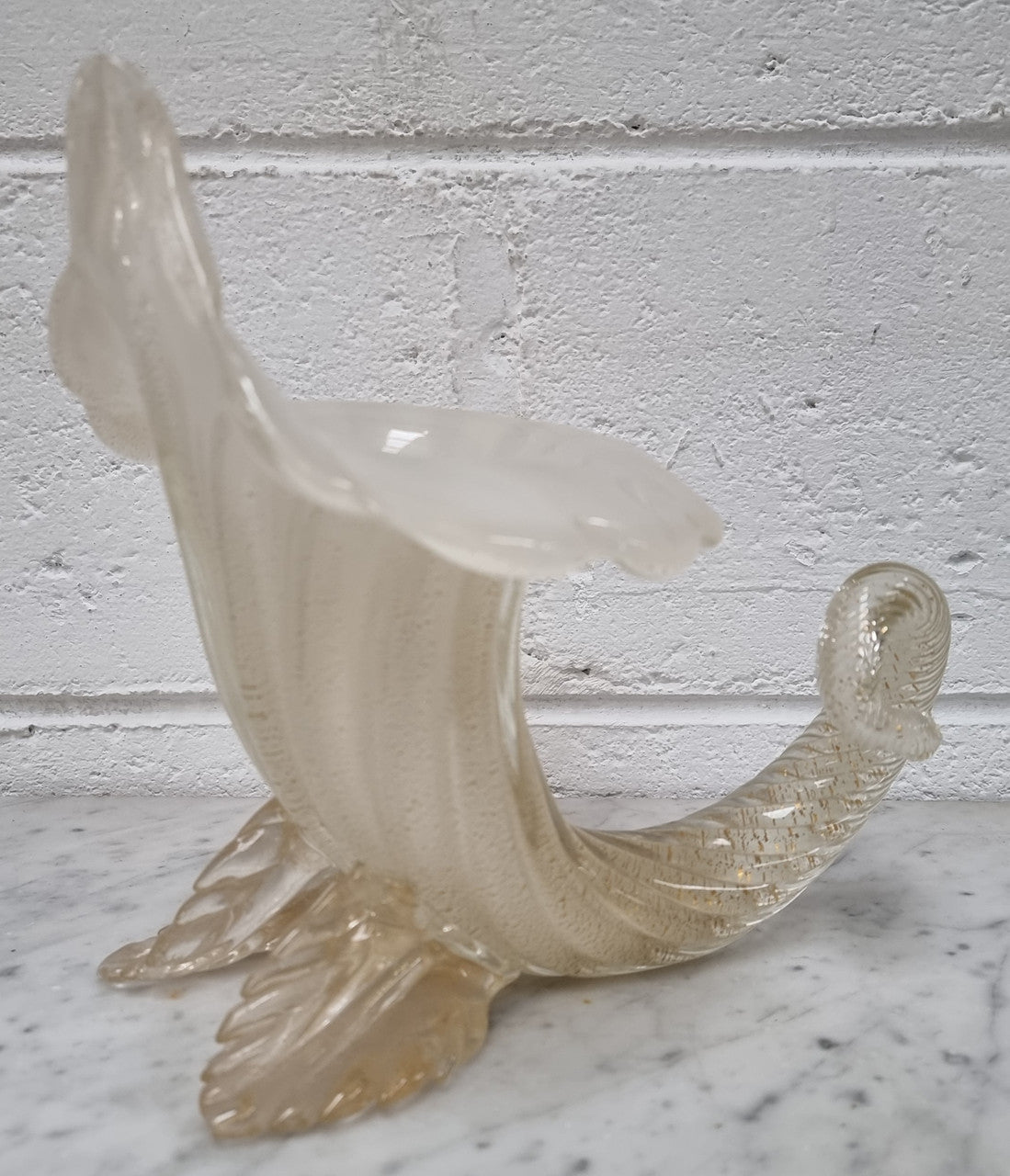 Large Vintage Murano white with adventuring glass cornucopia.