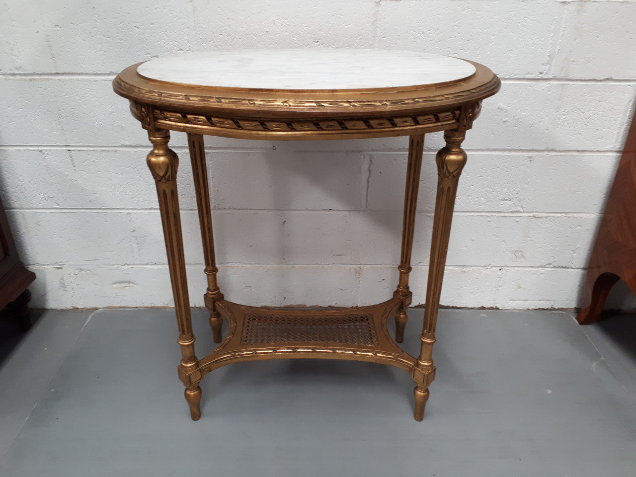 Antique French 19th century Louis XVI style oval inset marble top & giltwood salon/side table. In good condition. Circa 1890.