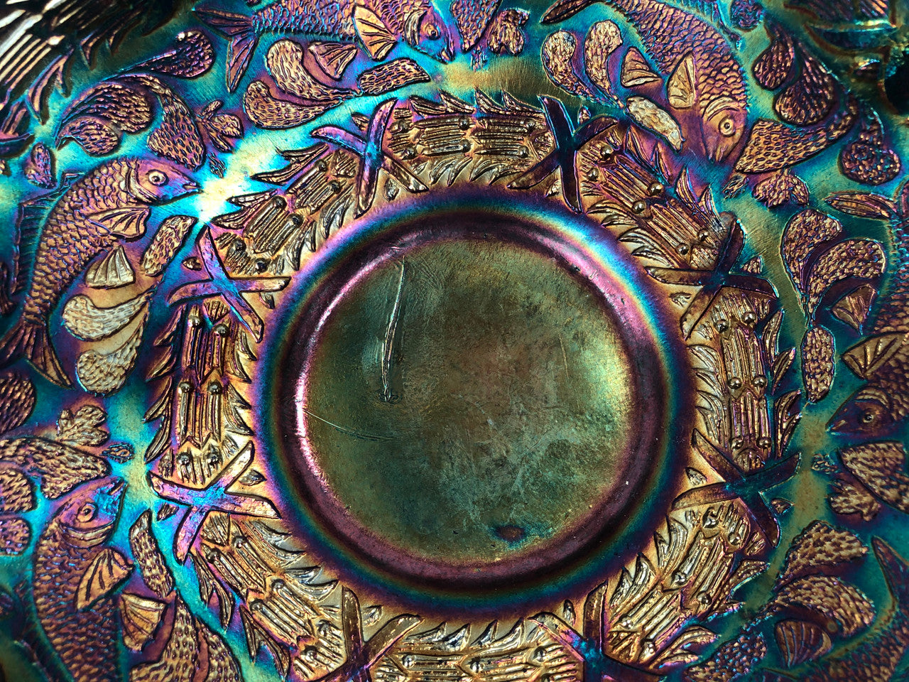 Moonee Ponds Antiques Large Carnival Glass Bowl With Fish Pattern