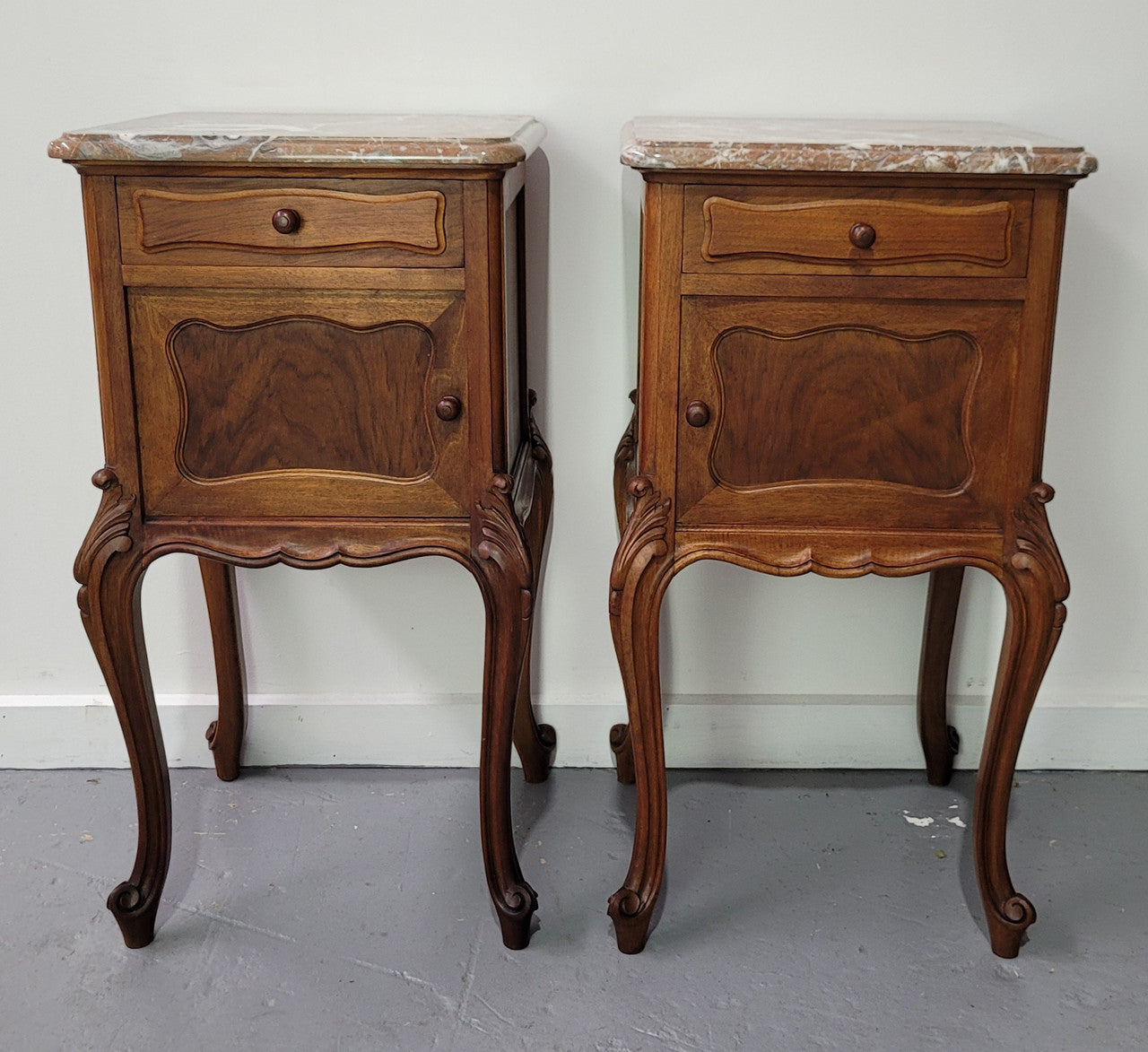 French Louis XV Style Walnut Marble Top Bedside Cabinets. In good original detailed condition.