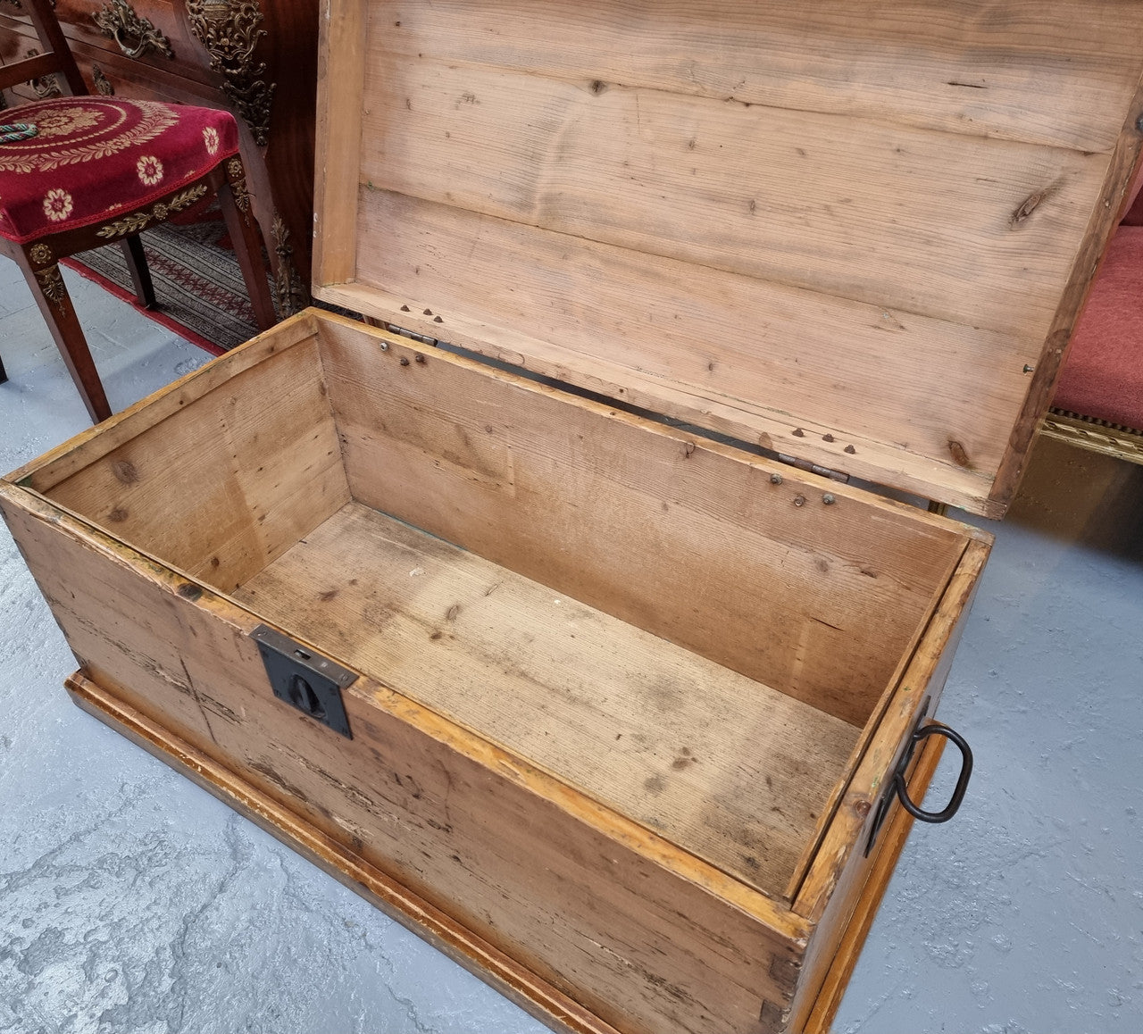 Lovely Pine chest / blanket box with loads of rustic character and iron hardware. This piece would also make a great coffee table, and is in good original condition.