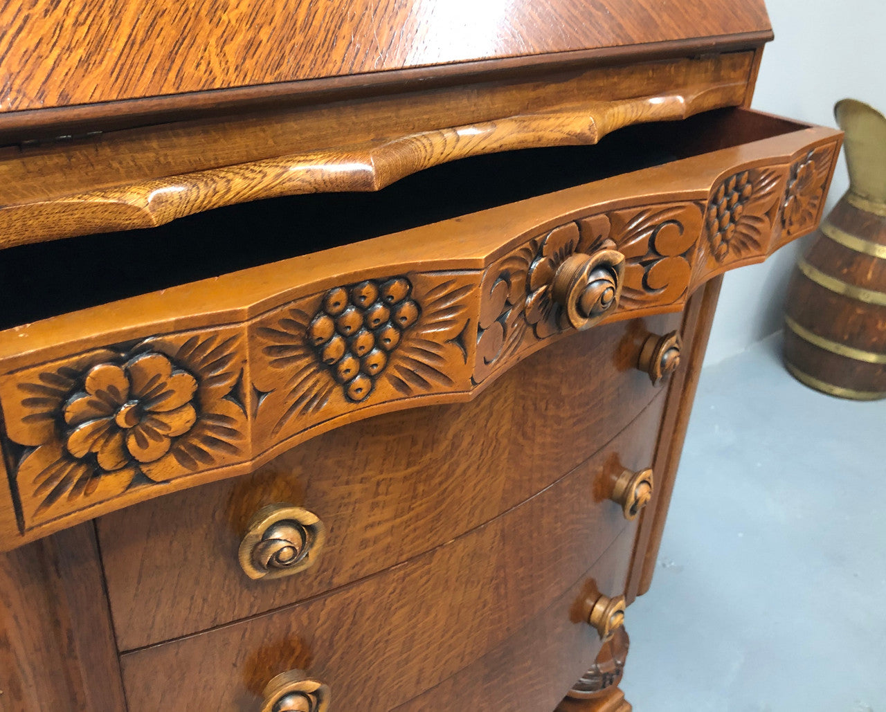 Tudor Style Oak Drop Down Writing Desk for sale at Moonee Ponds Antiques showroom in Airport West