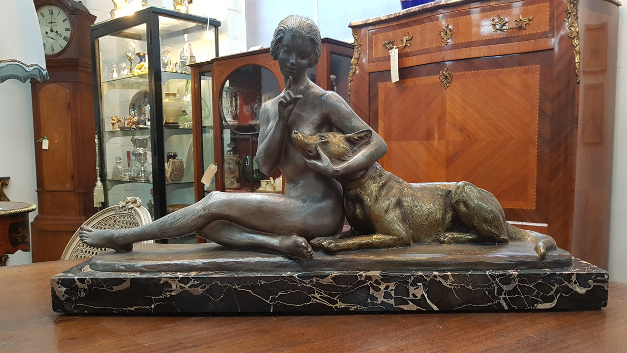 French Art Deco Lady & German Shepherd Bronze