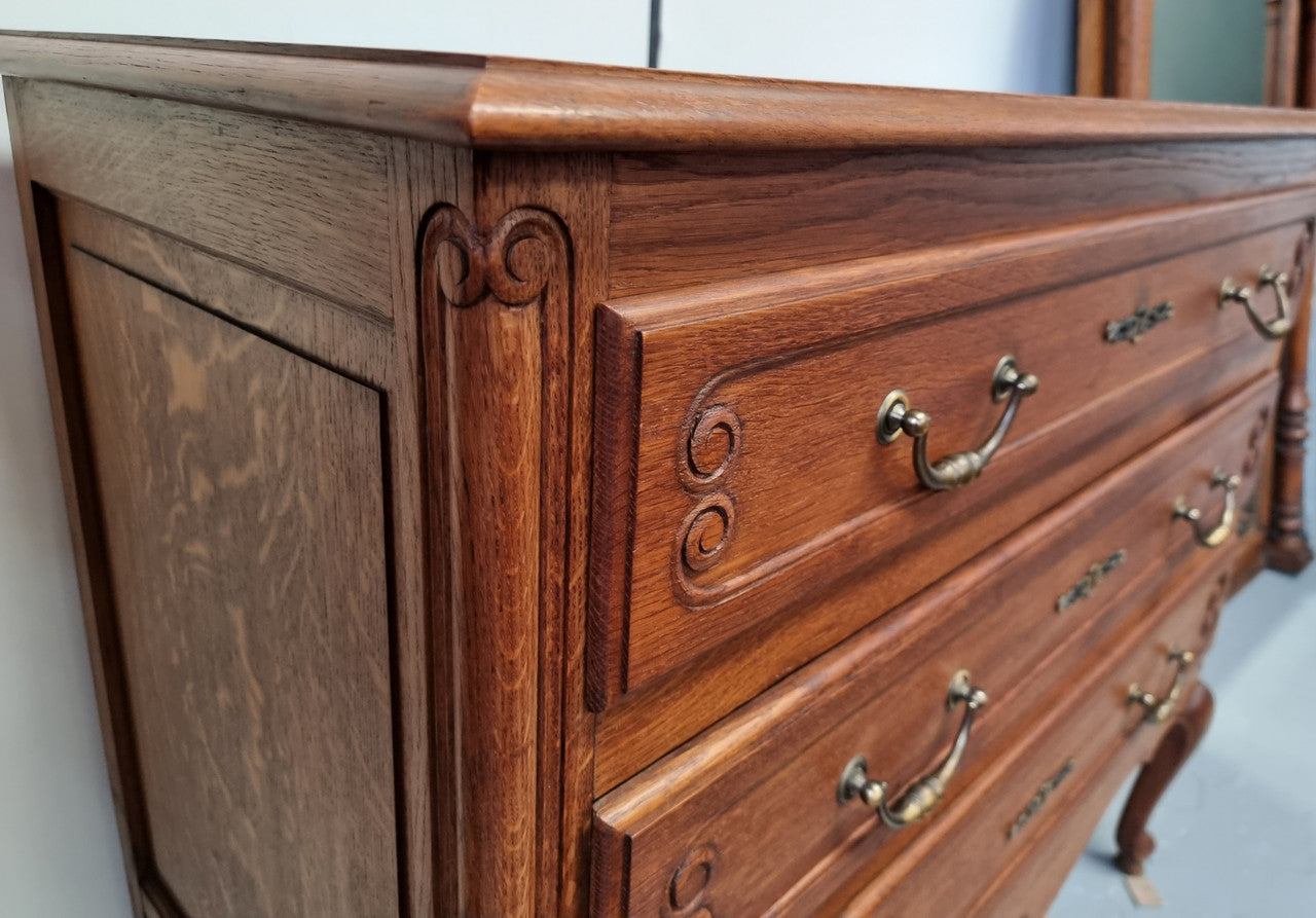 French Provincial Oak chest of three drawers. In good original detailed condition.