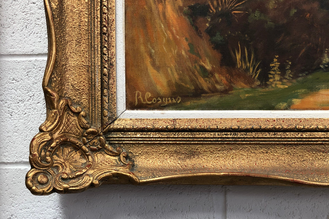 Large French oil on canvas of "country cottage" scene in a beautiful ornate gilt frame. In good original detailed condition.