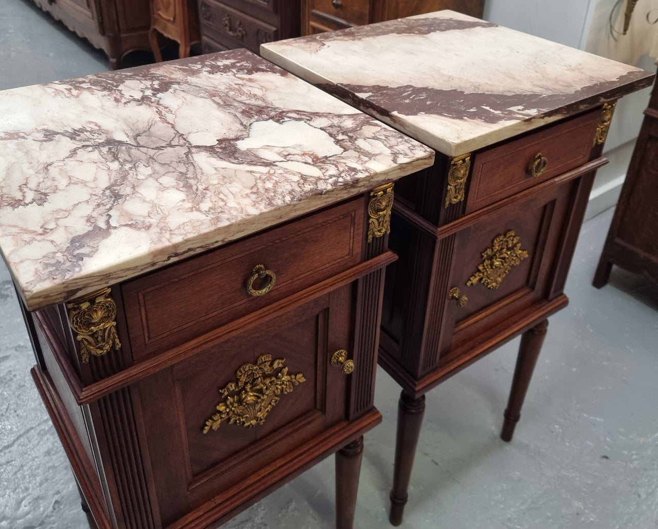 Pair of Louis XVI Style Mahogany Marble Top Bedsides
