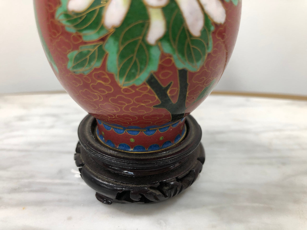 Small Red Cloisonné Vase On Carved Stand