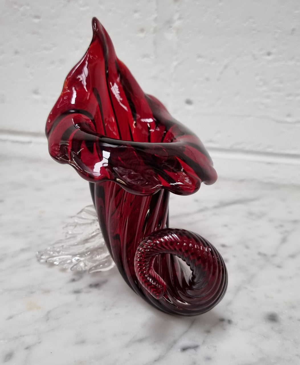 Vintage Ruby Red Murano Glass Cornucopia.