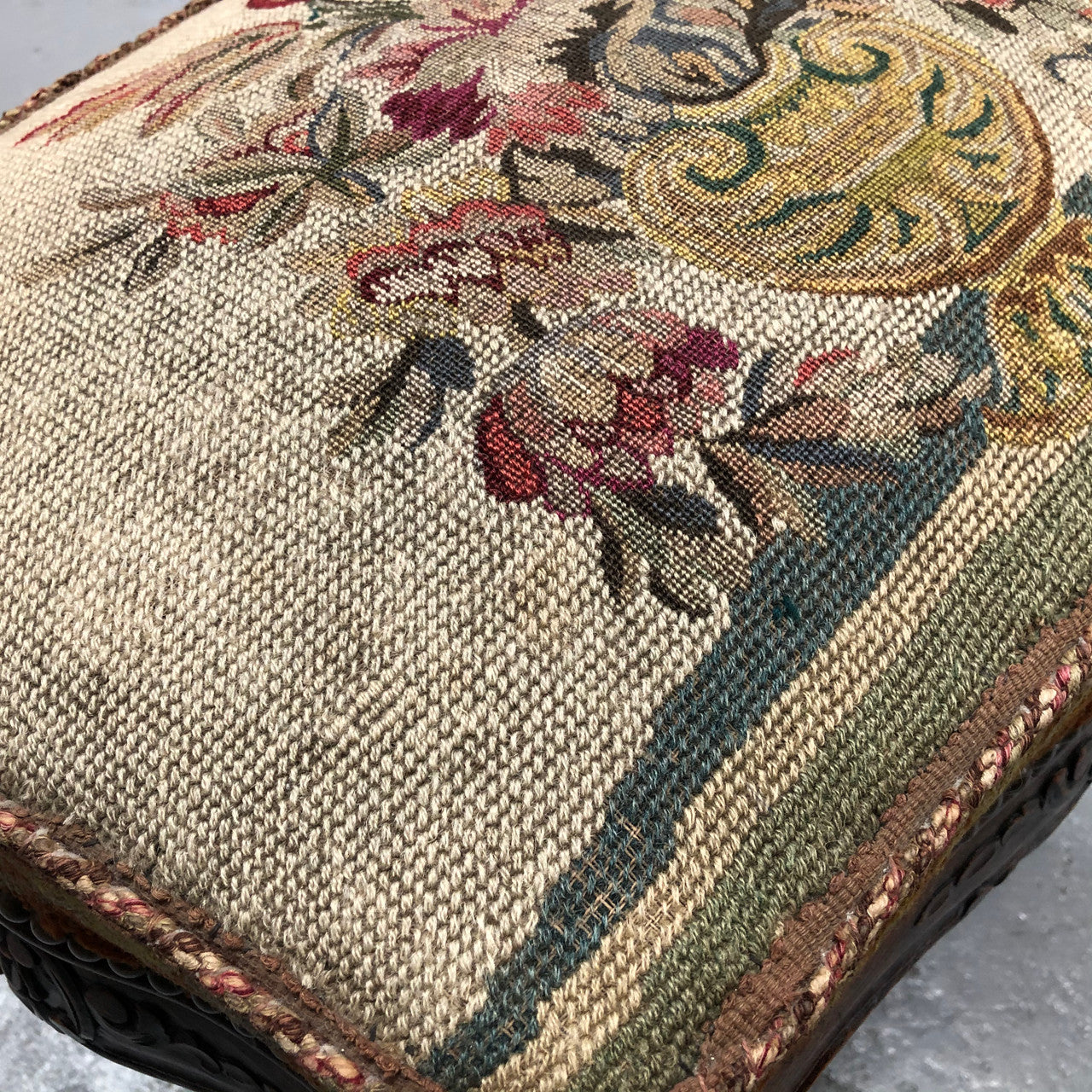 Lovely French oak carved tapestry piano stool with nice detail in good condition.