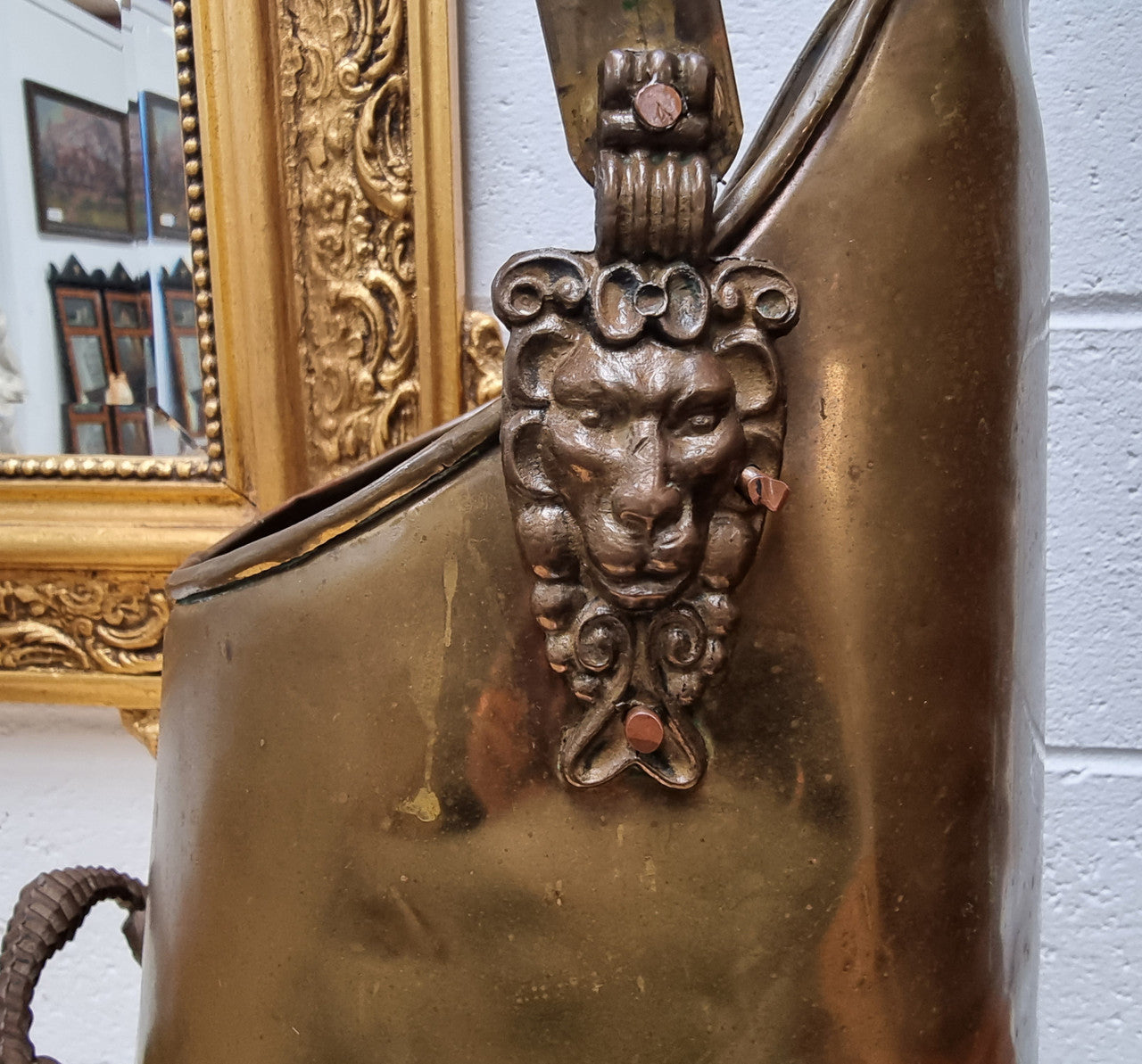 French brass coal bucket with Lion heads. In good original condition.