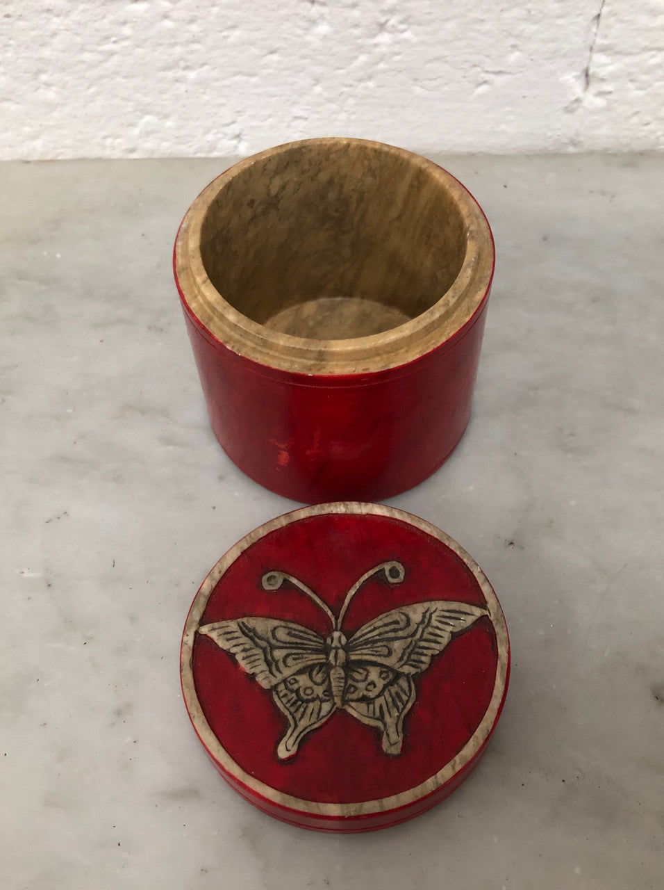 Vintage Hand Carved Marble Trinket Box With Butterfly