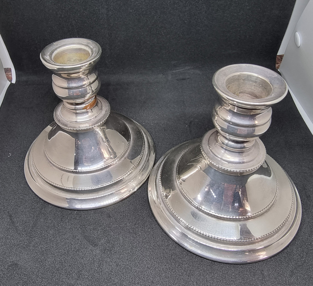 Beautiful pair of silver plate Walker and Hall candle Holders which are nice and heavy and in good condition.