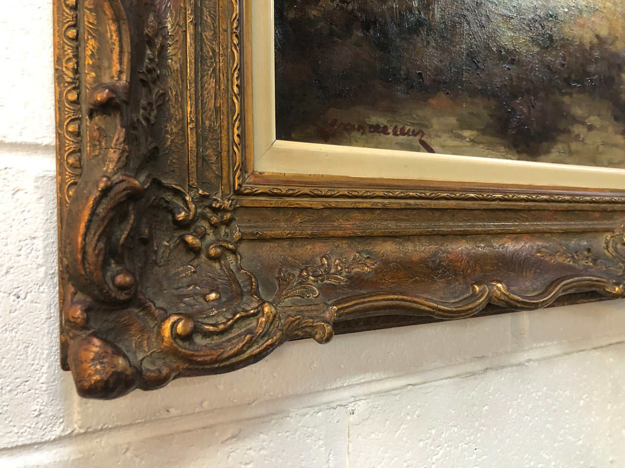 Sensational "Moody" oil on canvas landscape painting in a ornate gilt frame. In good original condition.