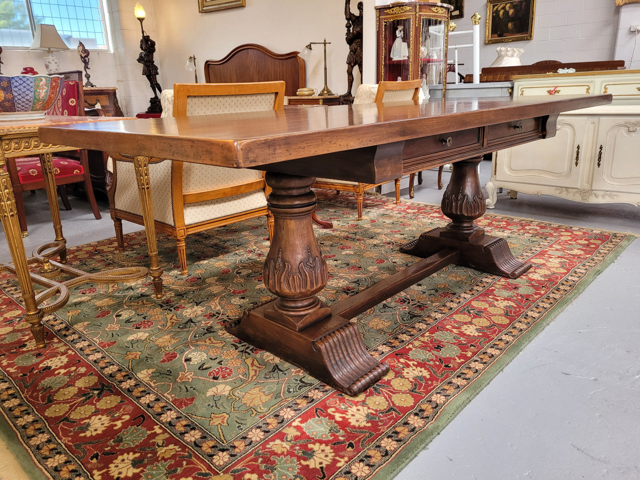 French Walnut Monastery table with two internal drawers. This table can be used as a dining table or as a large desk. It has been sourced from France and is in good original detailed condition.