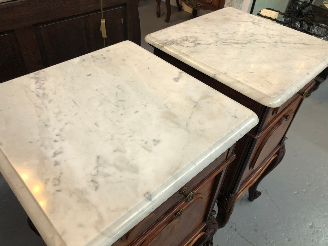 Pair Of White Marble Top Mahogany Bedside Cabinets