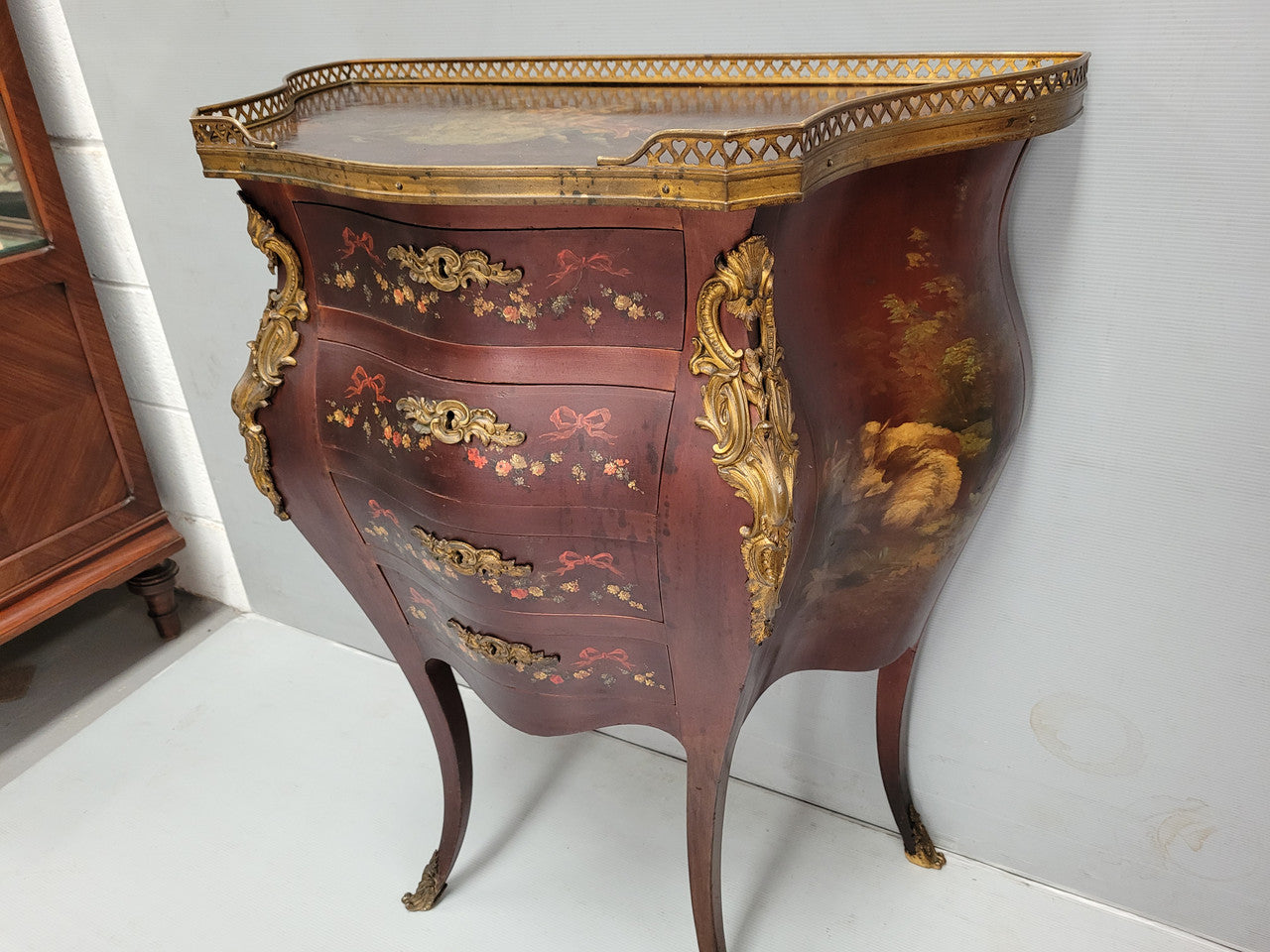 Rare French Louis XV Style Hand Painted Miniature Bombe Commode